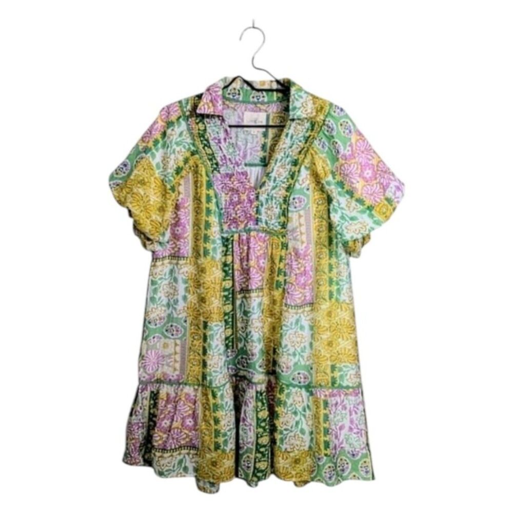 Umgee Oversized Floral Patchwork Mini Dress Size M Short Puff Sleeve Flowy Green